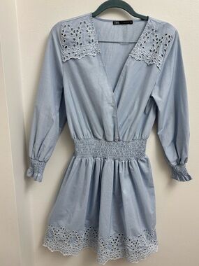 Zara Light Blue Eyelet Lace Dress V Neck Smocked Waist Long Sleeve Small